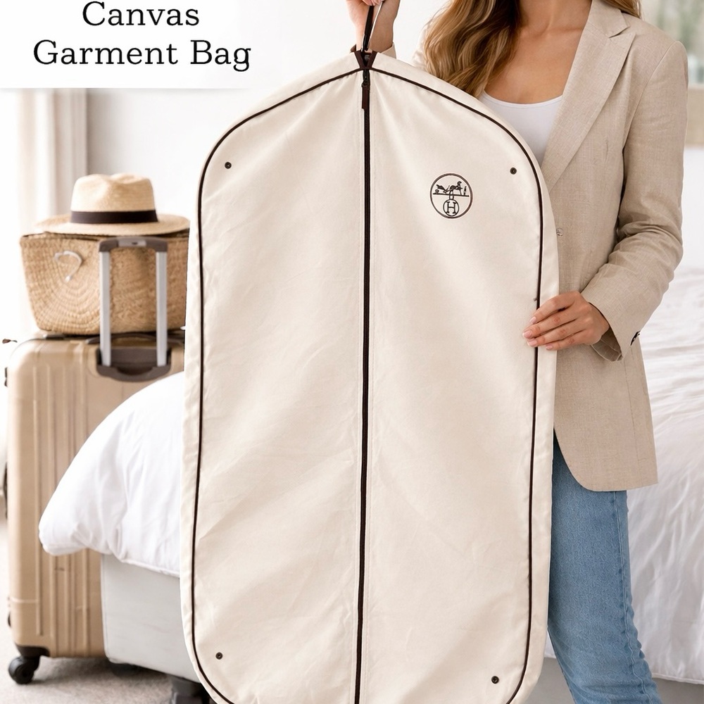 Hermès Canvas Garment Bag / Luxury Travel Dust Cover | Cream & Brown